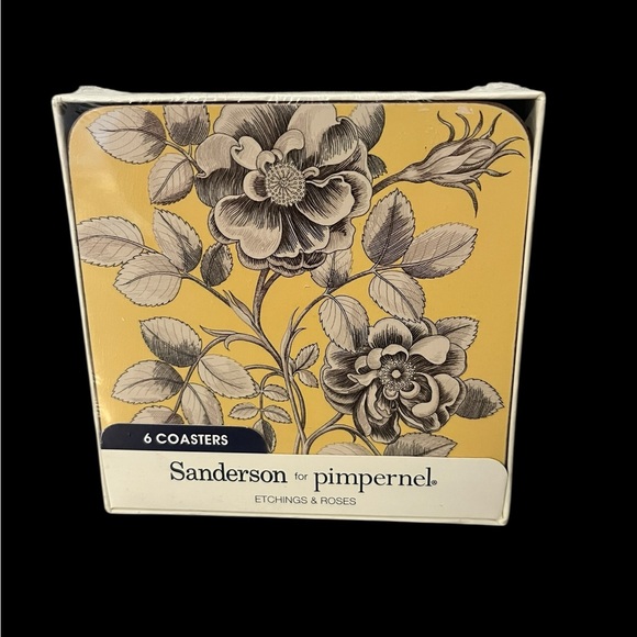 NEW Sanderson for Pimpernel Yellow Floral Etchings & Roses Cork Back Coasters - Picture 1 of 12